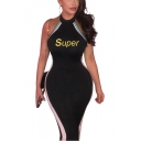 Womens SUPER Letter Stripe Halter Sleeveless Black Open Back Midi Bodycon Dress