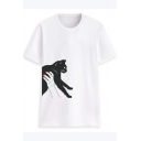 Summer Trendy Simple Cat Printed Short Sleeve Round Neck T-Shirt For Girls