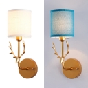 Euro Style Blue/White Wall Light Cylinder 1 Light Fabric Metal Sconce Light with Deer for Bedroom