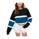 Womens New Fashion Colorblock Round Neck Long Sleeve Drawcord Hem Cropped Sweatshirt