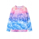 Trendy Ombre Color Pink Starry Sky Galaxy Print Long Sleeve Relaxed Sweatshirt