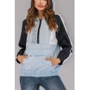 Womens Cool Simple Letter Printed Colorblock Long Sleeve Zipper Front Light Blue Hoodie