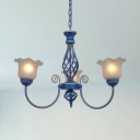 Traditional Flower Pendant Light Frosted Glass 3/5/6/8 Lights Blue Chandelier for Bedroom