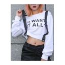 Cool Street Letter I WANT IT ALL Buckled Ribbon Embellished Long Sleeve White Cropped Sweatshirt