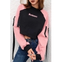 Girls Popular Simple Letter ROCK MORE Ribbon Embellished Long Sleeve Black and Pink Crop Sweatshirt