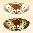 Stained Glass Bowl Ceiling Mount Light with Red Rose Bedroom Tiffany Rustic Ceiling Fixture