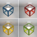 Macaron Cube Shade Flush Ceiling Light Metal 1 Light Blue/Green/Red/Yellow Ceiling Fixture for Balcony