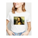 New Trendy Funny Mona Lisa Pattern Basic Short Sleeve White T-Shirt