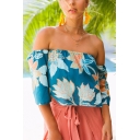 Trendy Summer Blue Floral Pattern Sexy Off the Shoulder Blouse Top