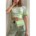 Summer Hot Popular Green Stripe Pattern High Neck Short Sleeve Cropped T-Shirt