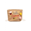 New Fashion Letter Embroidery Plush Ball Embellishment Khaki Straw Crossbody Bucket Bag 22*11*17 CM