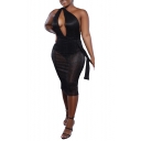 Womens Nightclub Sexy Cutout Front Multi-Way Straps Midi Bodycon Glitter Dress