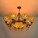 Dome Living Room Chandelier Glass 9 Lights Vintage Style Pendant Lamp with Colorful Bead & Crystal