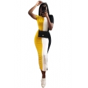 Women's Fashionable Round Neck Short Sleeve Stripes Printed Colorblock Midi Shift Dress