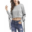 Womens New Trendy Simple Plain Lace-Up Tied Long Sleeve Round Neck Cropped Thick Sweatshirt