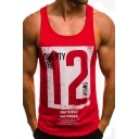 Summer Fashion Letter Number 12 Print Scoop Neck Sleeveless Gym Muscle Tank Top for Guys
