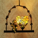 Aged Brass Angel Ceiling Light 1 Light Flower Shade Antique Style Glass Pendant Light for Balcony