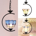 Modern Bloom/Grid/Leaf Pendant Light Glass 1 Light Black Ring Ceiling Lamp for Living Room