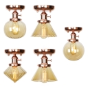 Edison Bulb Hallway Flush Mount Light Amber Glass 1 Light Retro Loft Ceiling Fixture in Brass