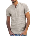 Mens Basic Simple Plain Button V-Neck Short Sleeve Casual Linen Henley Shirt