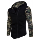Mens New Trendy Camo Patched Long Sleeve Zip Up Slim Fitted Hoodie