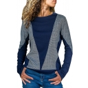 Stylish Color Block Basic Round Neck Long Sleeve Casual Loose Navy Sweatshirt