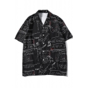 Cool Street Letter Graffiti Lapel Collar Short Sleeve Black Camp Shirt for Men