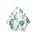Summer Trendy Green Leaf Pineapple Printed Open Front Three-Quarter Sleeve White Unisex Kimono Shirt