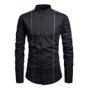 Mens Stylish Contrast Piping Long Sleeve Fitted Button Down Shirt