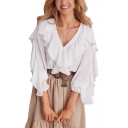 Womens Popular Trendy Simple Plain V-Neck Ruffled Hem Bell Sleeve Stylish Blouse Top