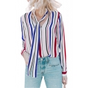 Trendy Colorful Stripe Printed Tied V-Neck Long Sleeve Loose Fit Blouse Top for Women