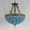 Glass Dome Shade Chandelier Mediterranean Style Pendant Lamp in Blue for Hallway Bedroom