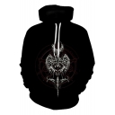 Black 3D Magic Circle Sword Printed Drawstring Long Sleeve Hoodie with Pocket