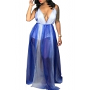 Hot Fashion Plunge Neck Sleeveless Backless Colorblock Mesh Patch Length Floor Slip Blue Dress