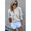 Simple Plain Button Front Gray Long Sleeve Casual Sweatshirt