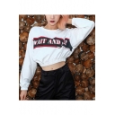 Girls Cool Letter WAIT AND SEE Print Round Neck Long Sleeve White Cropped Sweatshirt