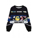 Cool Letter FUTURE Comic Figure Print Long Sleeve Round Neck Cropped Sweatshirt