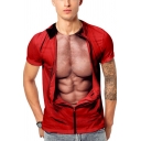 New Trendy Cool 3D Fake Zipper Muscle Printed Red Short Sleeve T-Shirt
