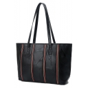Simple Classic Stripe Pattern Black Sheepskin Shoulder Tote Bag With Zipper 35*11*28 CM