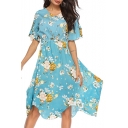Summer Hot Popular V-Neck Short Sleeve Holiday Beach Chiffon A-Line Flowy Dress