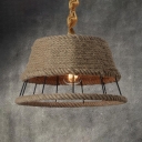 Rope Hollow Drum Shade Hanging Light One Light Rustic Style Pendant Light in Beige for Bar