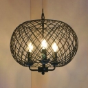 Metal Candle Pendant Light with Globe Cage Restaurant 3 Heads Colonial Style Hanging Lamp in Black