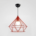 Metal Diamond Cage Ceiling Pendant Living Room One Light Industrial Hanging Light in Blue/Red