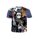 Cool Halloween Horror Skull Figure Print Round Neck Short Sleeve Blue T-Shirt