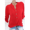 Summer Fashion Simple Plain Button Front Stand Collar Long Sleeve Shirt for Women