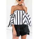 Fashion Black and White Striped Printed Off the Shoulder Blouse Top for Women