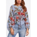 Fashion Blue Striped Floral Printed Lantern Long Sleeve Tied Waist Blouse Top