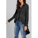 New Stylish Solid Color Long Sleeve Button Down Unique Irregular Ruffled Hem Shirt Blouse