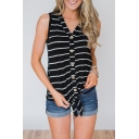 Hot Fashion Stripes Printed V-Neck Sleeveless Knotted Button Front Black Casual Tank For Women