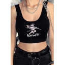 Summer Stylish Simple Letter ROCK MORE Angel Print Scoop Neck Sleeveless Sport Casual Cropped Black Tank